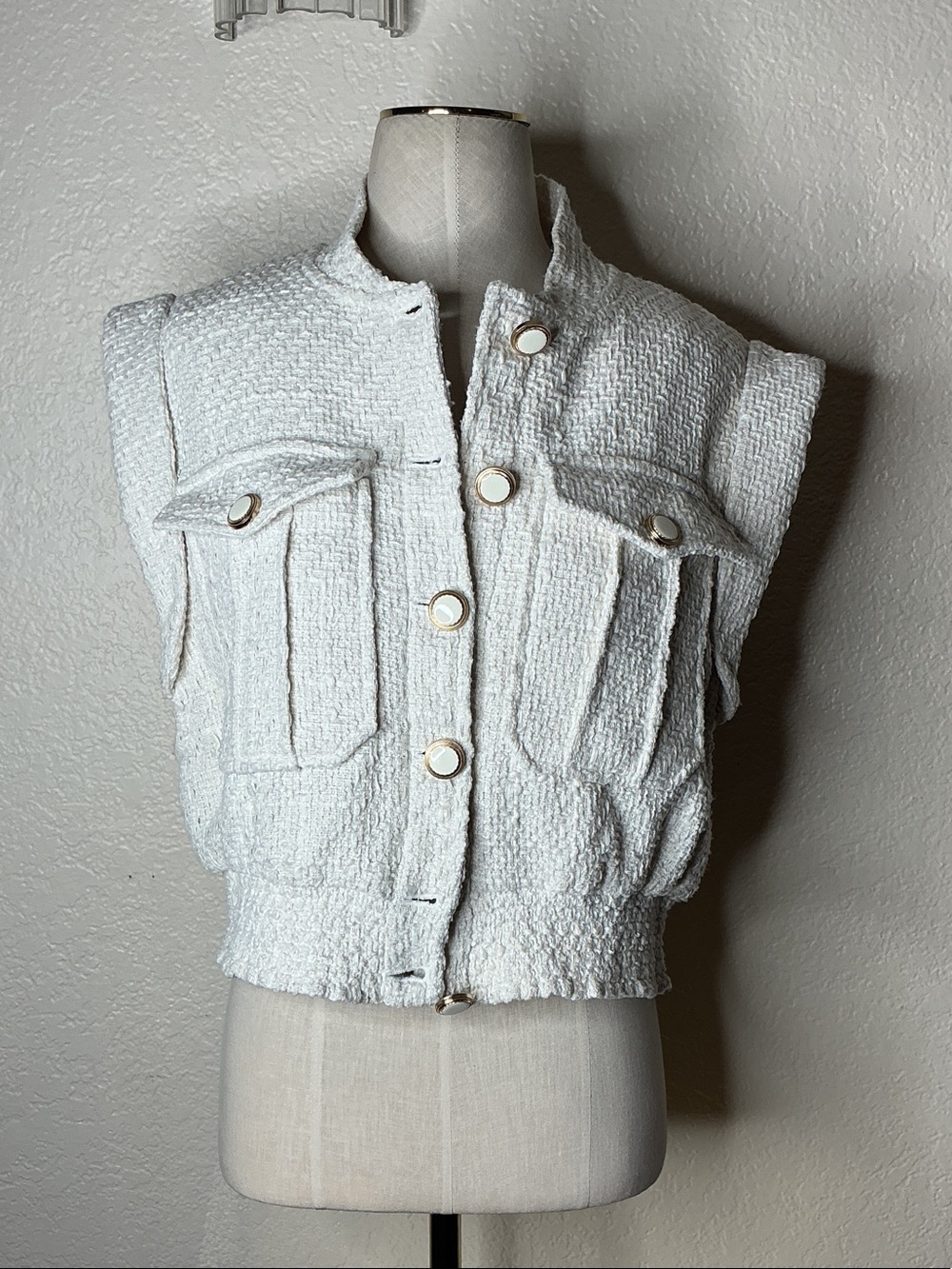 Christian Lacroix White Bouclé Sleeveless Button Vest